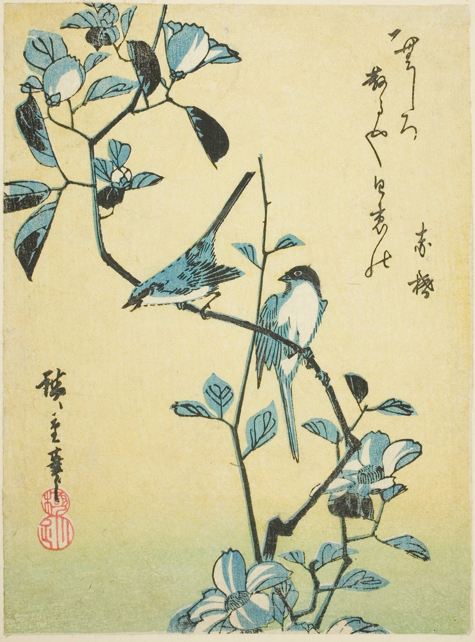 Madarak a kamélia ágon alkotó: Utagawa Hiroshige