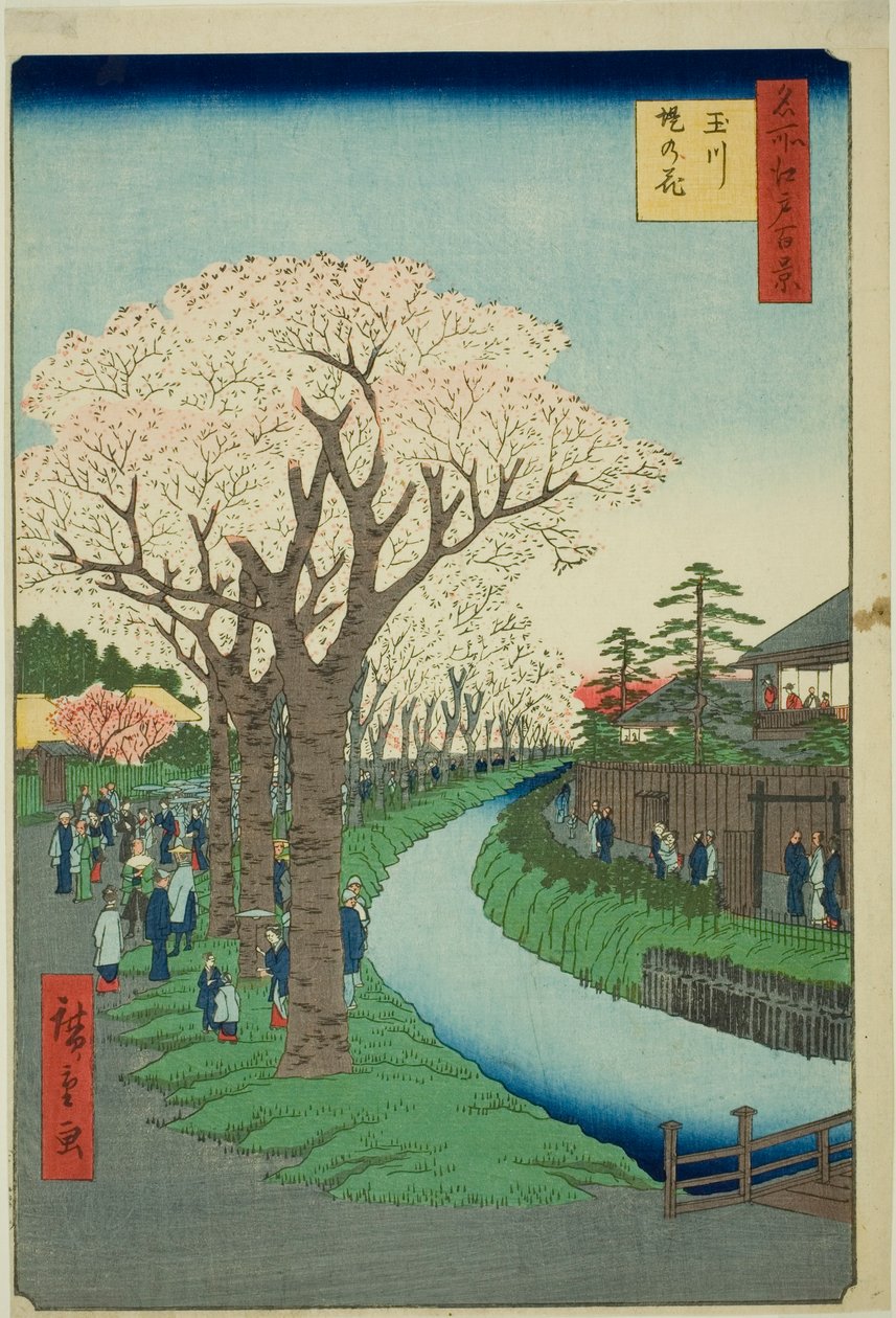 Bosso MS hang te tamari ver képverzió k felület t (Tamagawa Tsutsumi no Hana), a te sorozatból: "Ridge d re d fa net view ws f Edo (One Hundred Famous Views of Edo)" alkotó: Utagawa Hiroshige