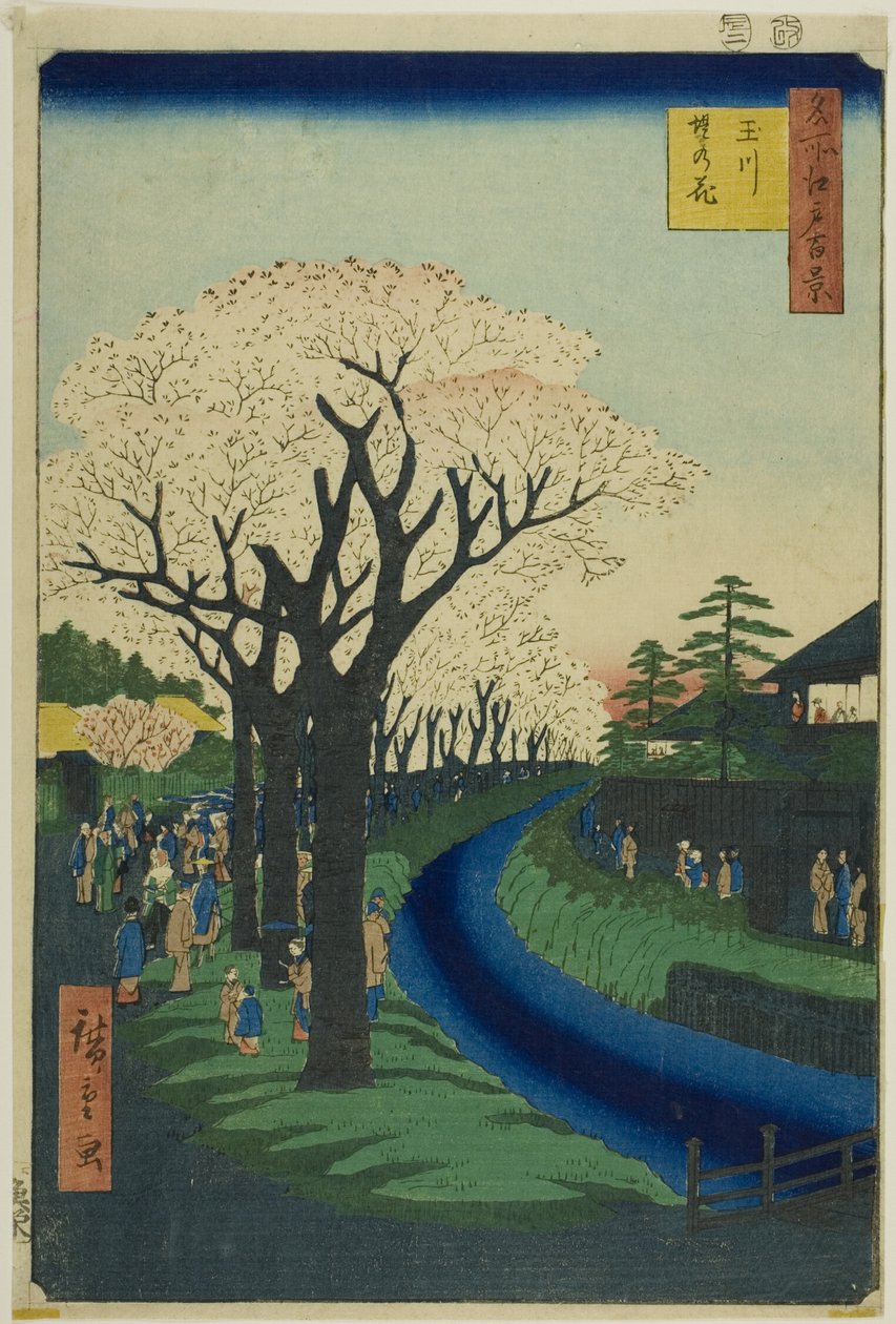 Virágok a Tama folyó partján (Tamagawa-zutsumi no hana), a "Száz híres nézet Edóról (Meisho Edo hyakkei)" sorozatból. alkotó: Utagawa Hiroshige