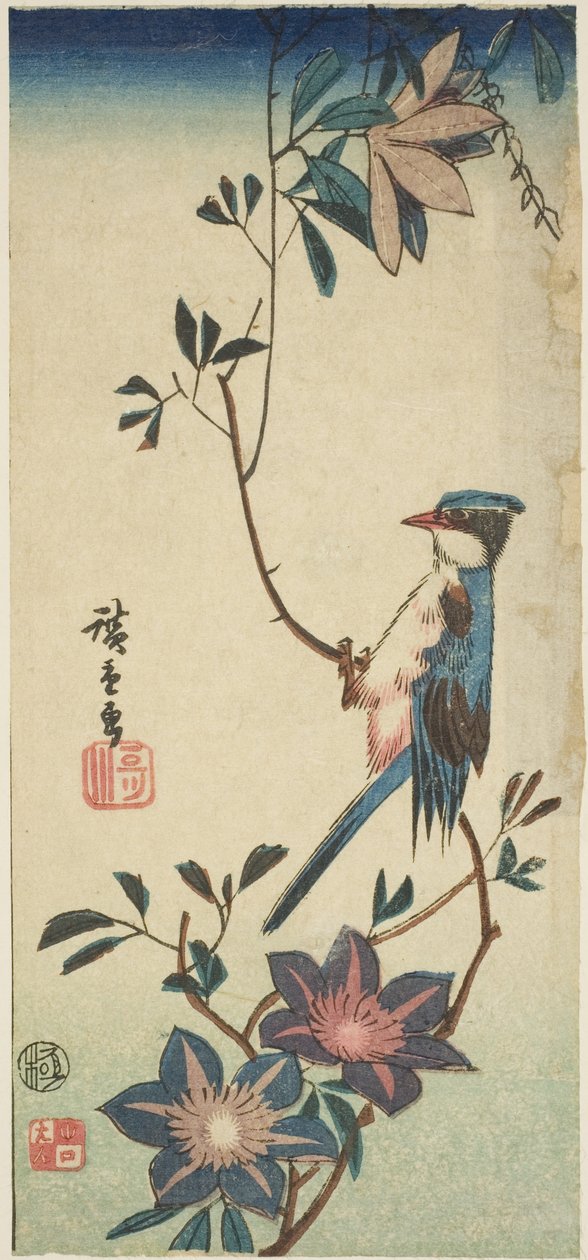 Kék madár a klematiszon alkotó: Utagawa Hiroshige