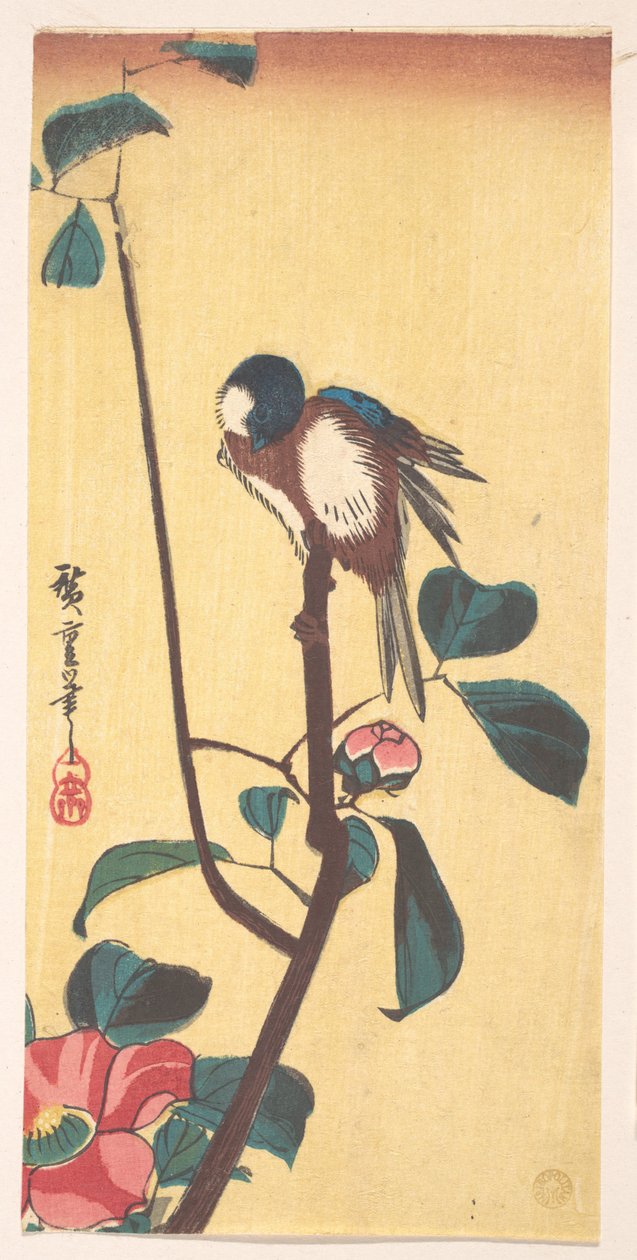 Kamélia és kékfejű madár alkotó: Utagawa Hiroshige