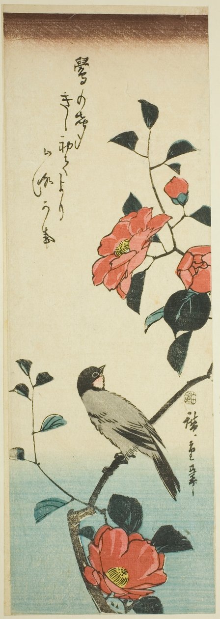 Kamélia virágok és süvöltő alkotó: Utagawa Hiroshige
