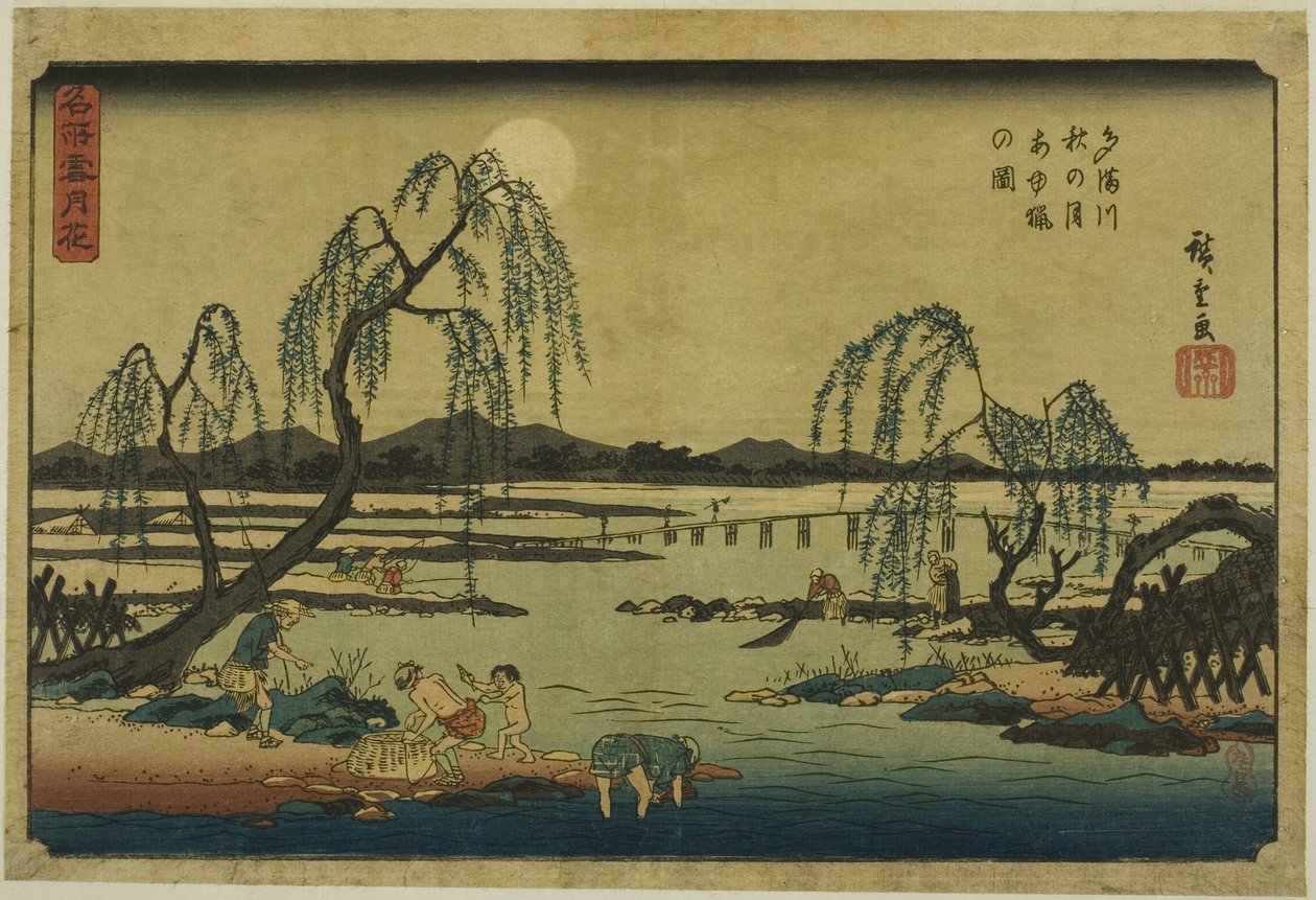 Édeshal fogása a Tama folyóban az őszi hold alatt (Tamagawa aki no tsuki ayuryo no zu), a "Hó, hold és virágok a híres helyeken (Meisho setsugekka)" sorozatból alkotó: Utagawa Hiroshige