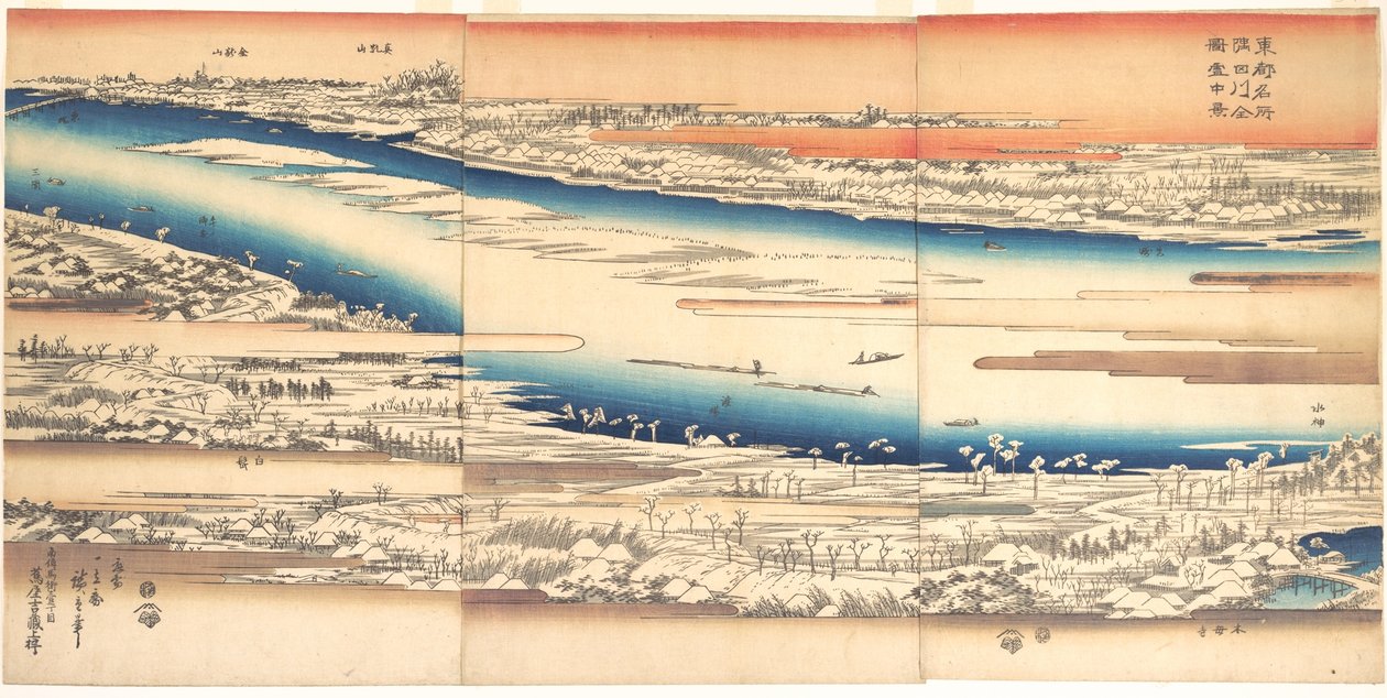 Híres helyek a keleti fővárosban: Panoráma a hóborította Szumida folyóra alkotó: Utagawa Hiroshige