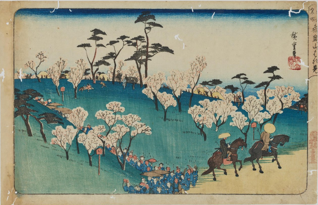 „Cseresznyevirág-nézés az Asuka-dombon” az „Edo híres helyei” című sorozatból alkotó: Utagawa Hiroshige