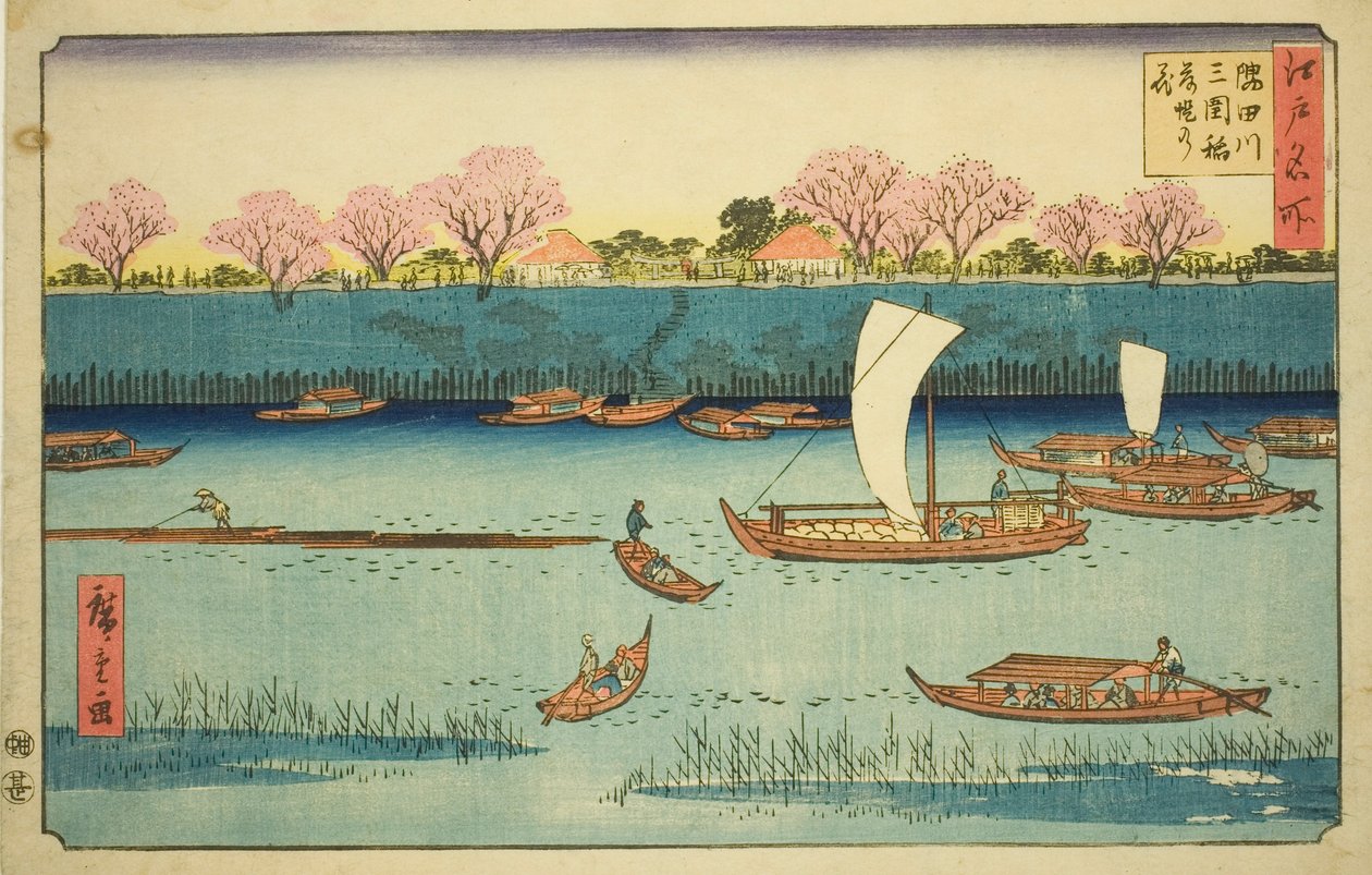Cseresznyefák a Sumida folyó rakpartján a Mimeguri Inari szentélynél (Sumidagawa Mimeguri Inari tsutsumi no hana), a „Híres helyek Edoban (Edo meisho)” sorozatból alkotó: Utagawa Hiroshige