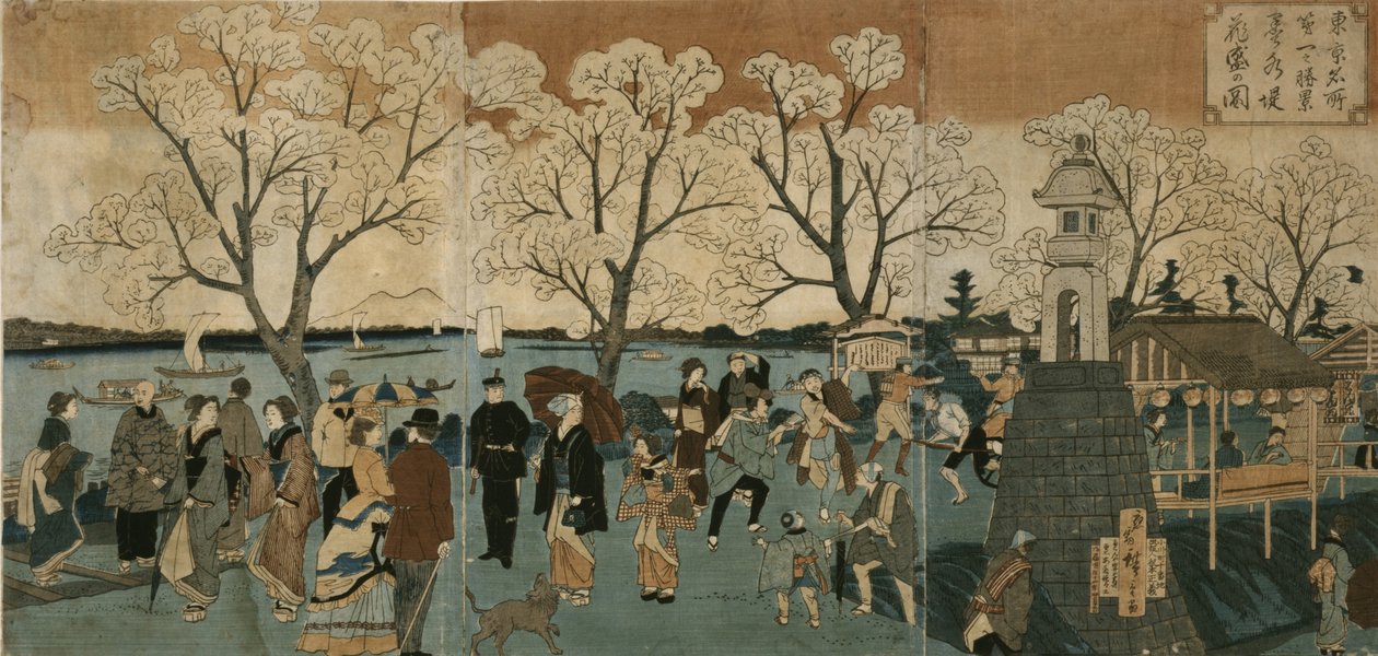 Cherry blossoms in full bloom along Sumida River. Bokusui tsutsumi hanazakari no zu alkotó: Utagawa Hiroshige