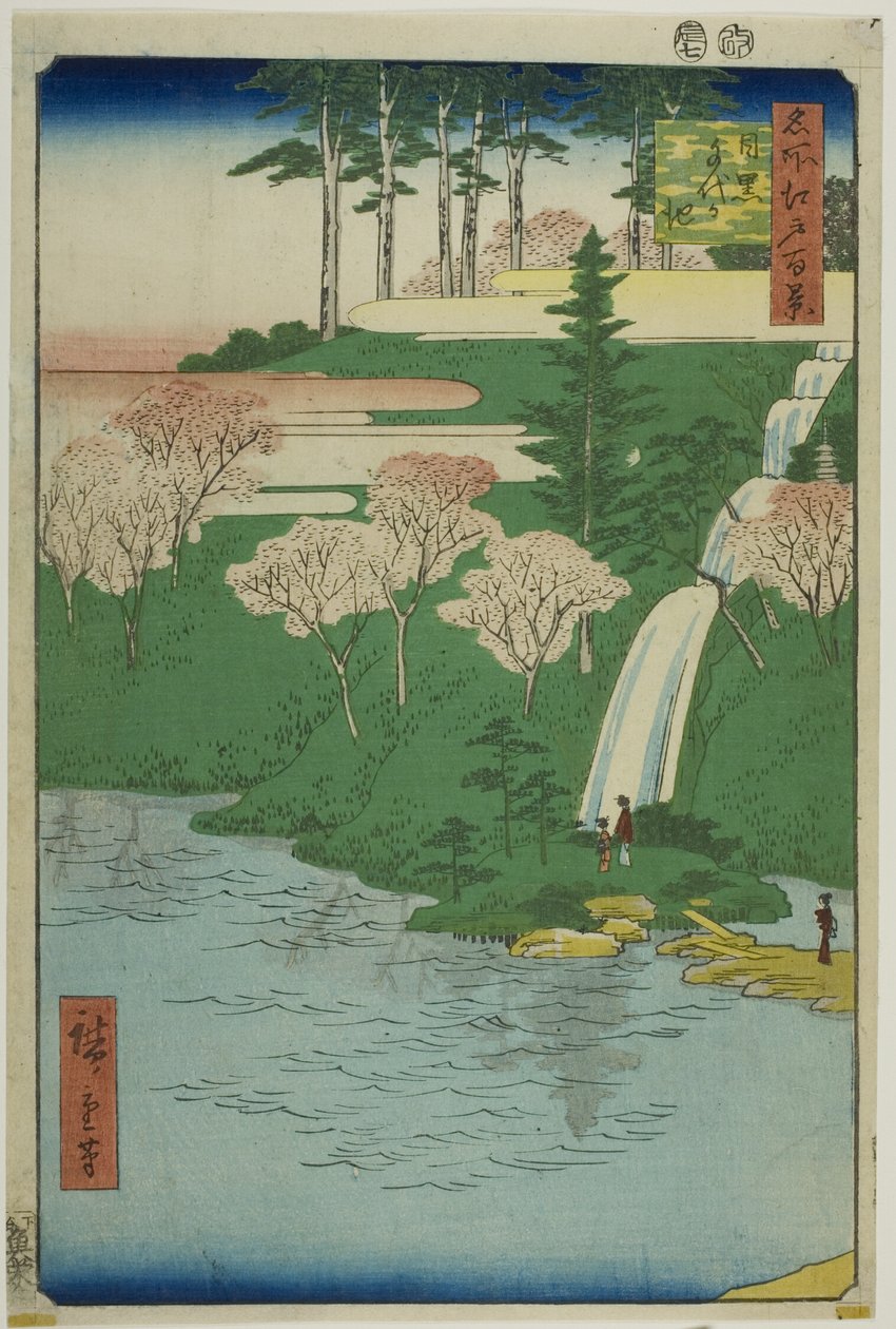 Chiyogaike tó, Meguro (Meguro Chiyogaike), a "Száz híres nézet Edóról (Meisho Edo hyakkei)" sorozatból. alkotó: Utagawa Hiroshige