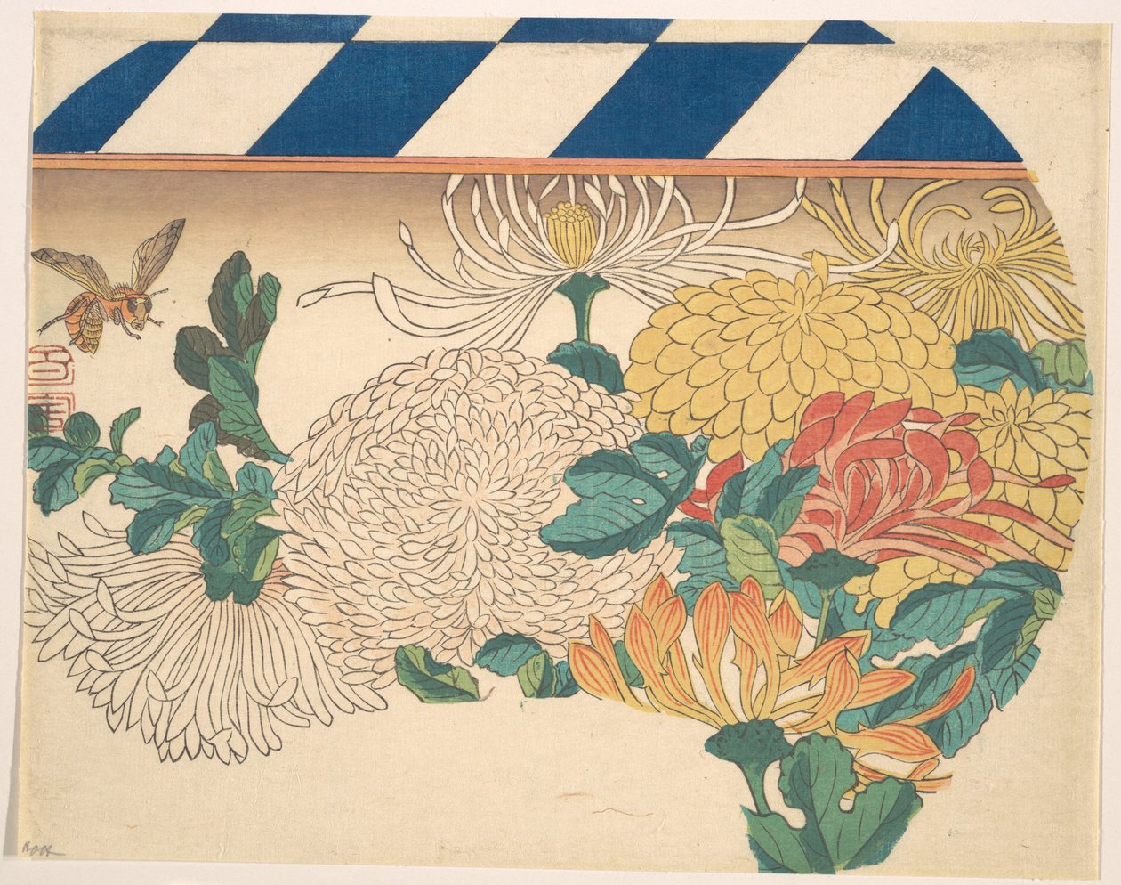 Legyező alakú kompozícióban elrendezett krizantémok alkotó: Utagawa Hiroshige