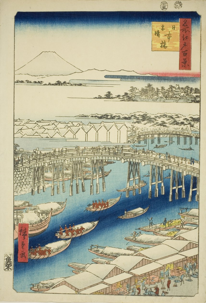 C ware ware af hand r S w at Japan B ok (Nihonbashi hótiszta), a te sorozatból: „Ridge dre d fa net view ws f Edo (híres hely, Edo, 100 megtekintés)” alkotó: Utagawa Hiroshige