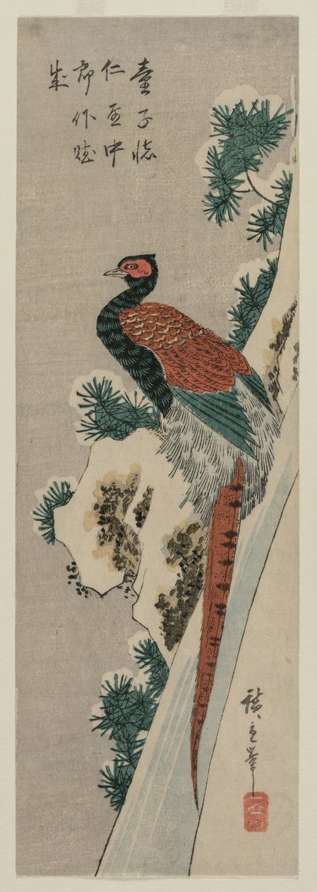 Rézfácán a havas vízesésnél alkotó: Utagawa Hiroshige