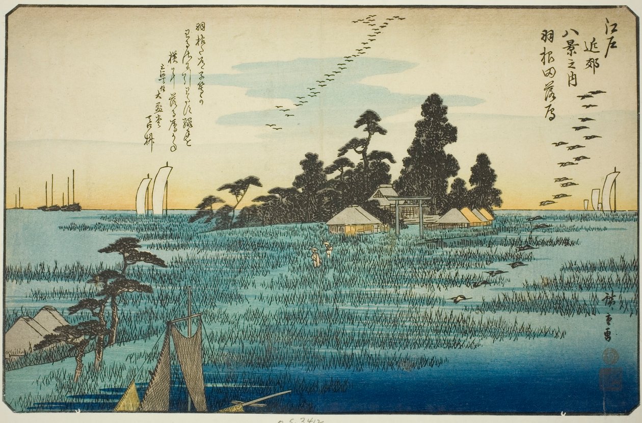 Leszálló libák Hanedán (Haneda no rakugan), a "Nyolc nézet Edo környékén (Edo kinko hakkei no uchi)" sorozatból. alkotó: Utagawa Hiroshige