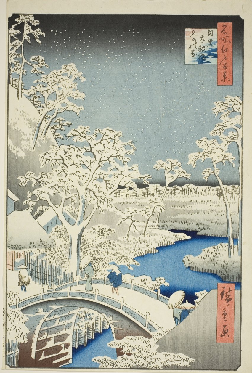 Meguro (Meguro Taiko híd, Yuino-hegy), a gerincvonaltól, Edo nézete (Edo száz híres kilátása) " alkotó: Utagawa Hiroshige