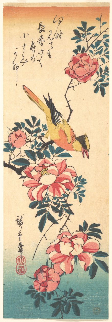 Östliche Grauwasserstelze und Rose alkotó: Utagawa Hiroshige