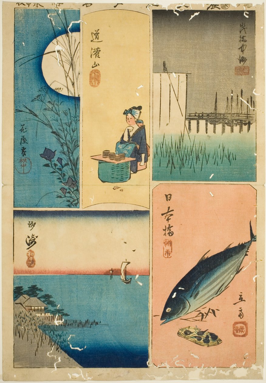 Eitai híd, Nihon híd, Susaki, Virágoskert és Dokan-domb (Eitaibashi, Nihonbashi, Susaki, Hanayashiki, Dokanyama), a „Kivágások Edo híres helyeiről (Harimaze Koto meisho)” sorozatból. alkotó: Utagawa Hiroshige
