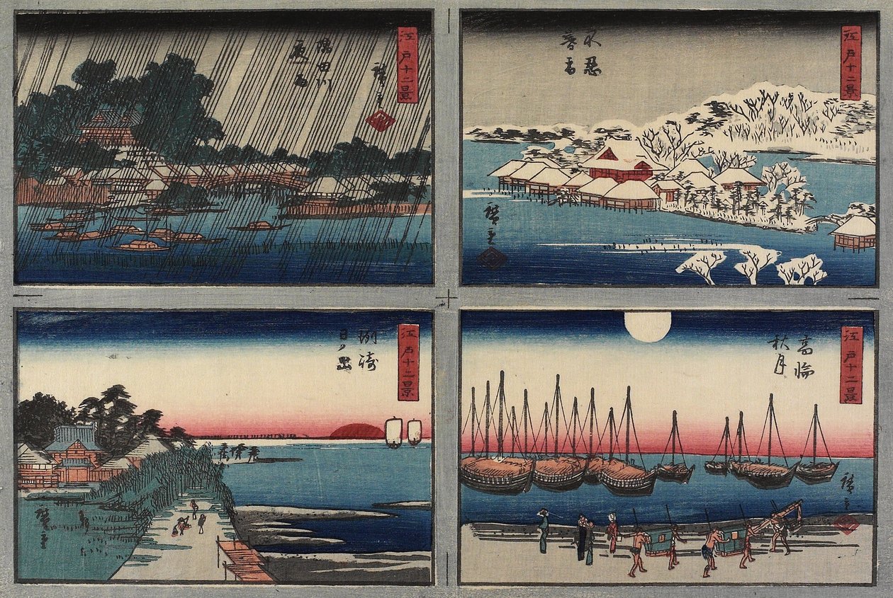 Esti hó Shinobazunál, őszi hold Takanawánál, napkelte Susakinál, éjszakai eső a Sumida folyónál, 1843-1847 alkotó: Utagawa Hiroshige