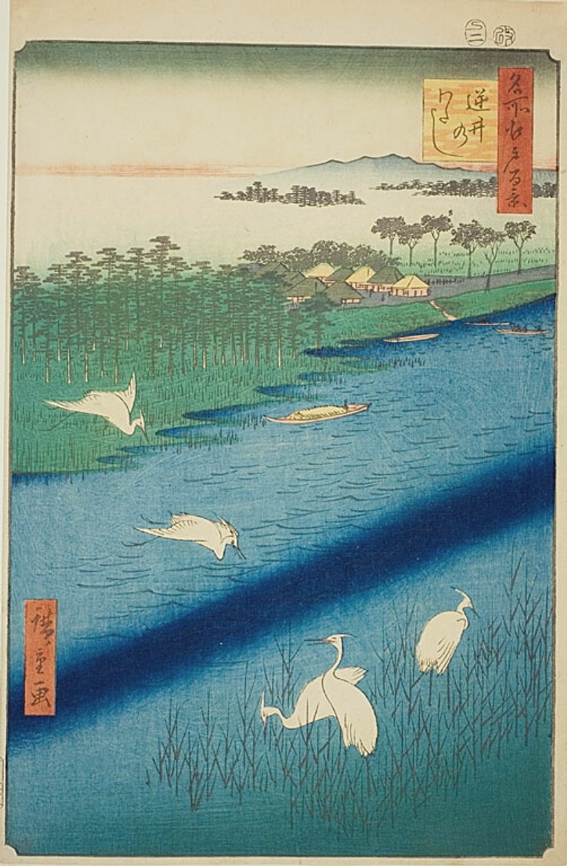 Kompátkelés Sakasai-nál (Sakasai no watashi), No.67 a "Száz híres nézet Edo-ról (Meisho Edo hyakkei)" sorozatból. alkotó: Utagawa Hiroshige