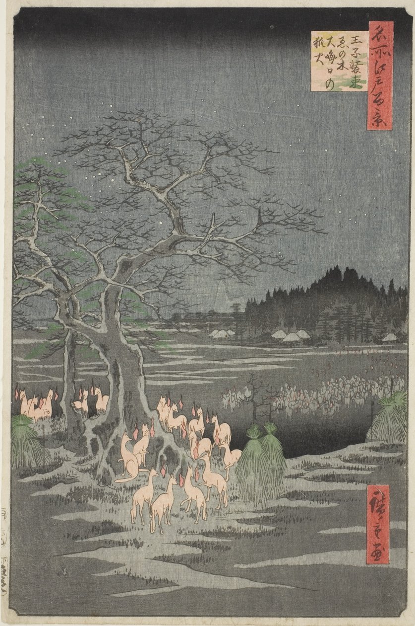 Rókatüzek szilveszter éjszakáján a Változó fánál Oji-ban (Oji shozoku enoki omisoka no kitsunebi), a "Száz híres nézet Edo-ról (Meisho Edo hyakkei)" sorozatból. alkotó: Utagawa Hiroshige