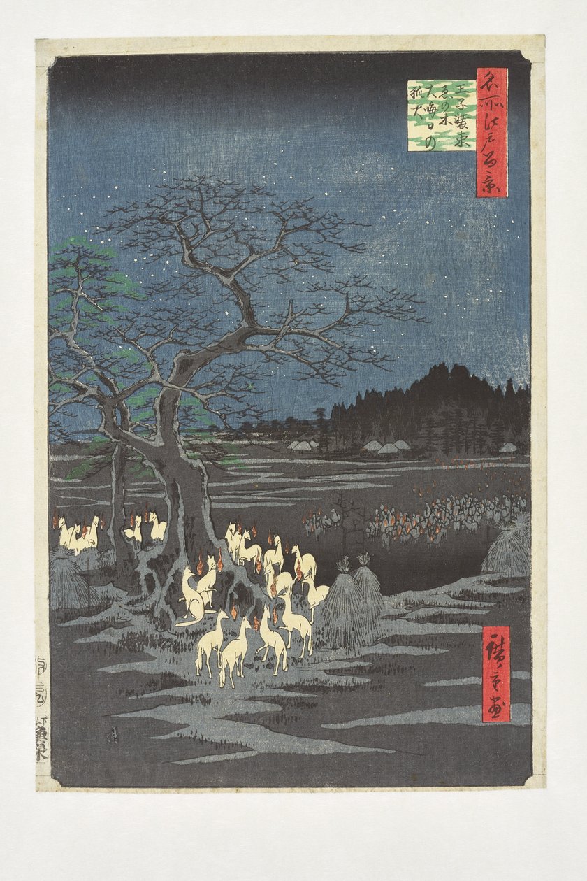 Rókatüzek szilveszter éjjelén az enokifa alatt Ōji közelében, az „Edo száz híres látképe” sorozatból alkotó: Utagawa Hiroshige