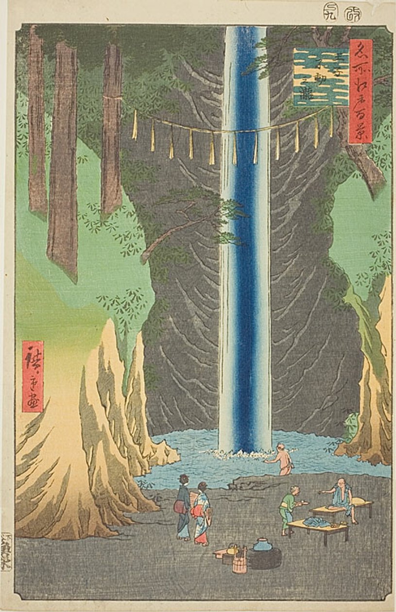 Fudo vízesés az Ojinál (Oji Fudo no taki), 49. sz. a "Száz híres nézet Edóból (Meisho Edo hyakkei)" sorozatból. alkotó: Utagawa Hiroshige