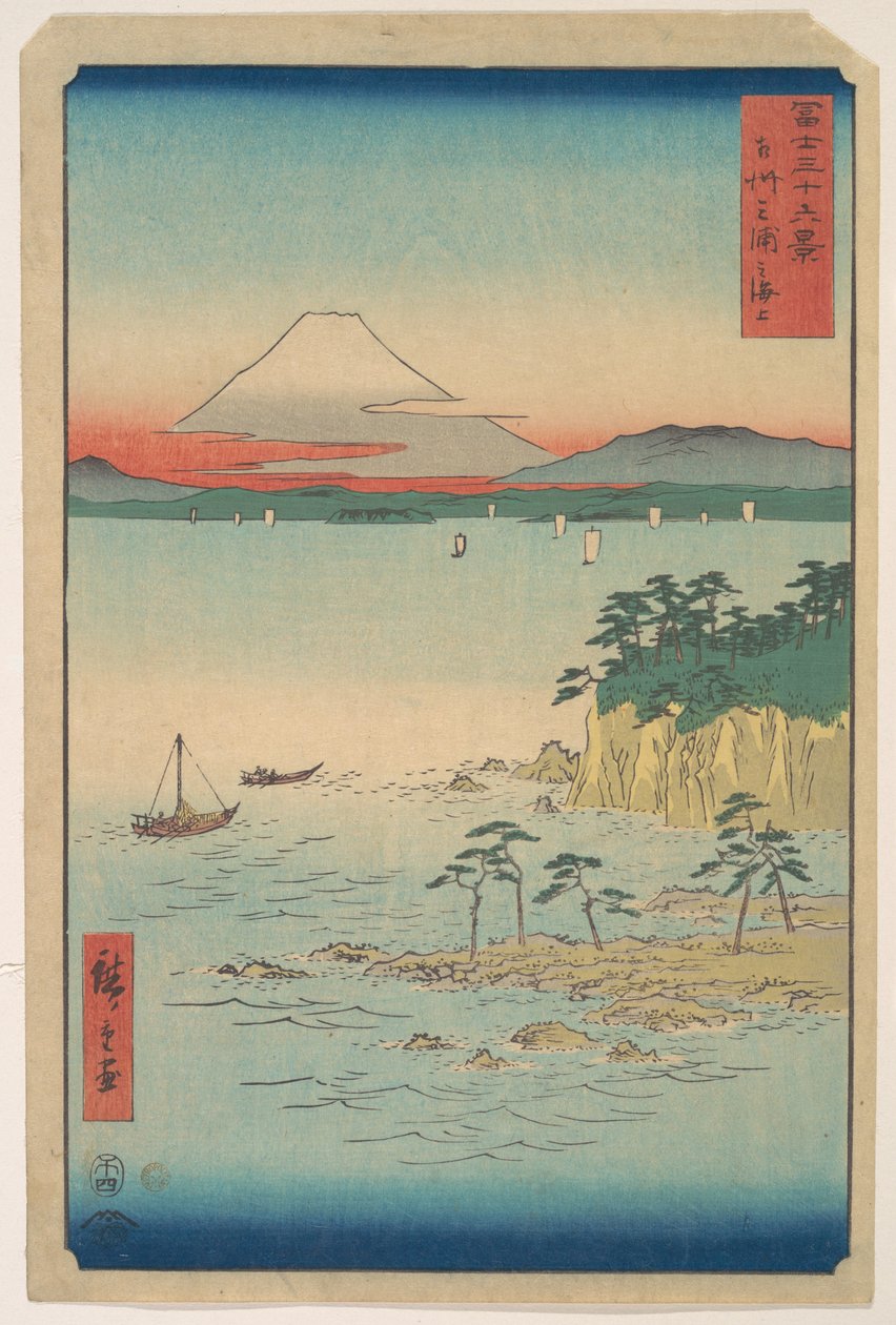 A Fuji-hegy Miurából, Sagamiból (Soshu Miura no Kaijo), a „A Fuji-hegy harminchat látképe” (Fugaku sanjūrokkei) című sorozatból alkotó: Utagawa Hiroshige
