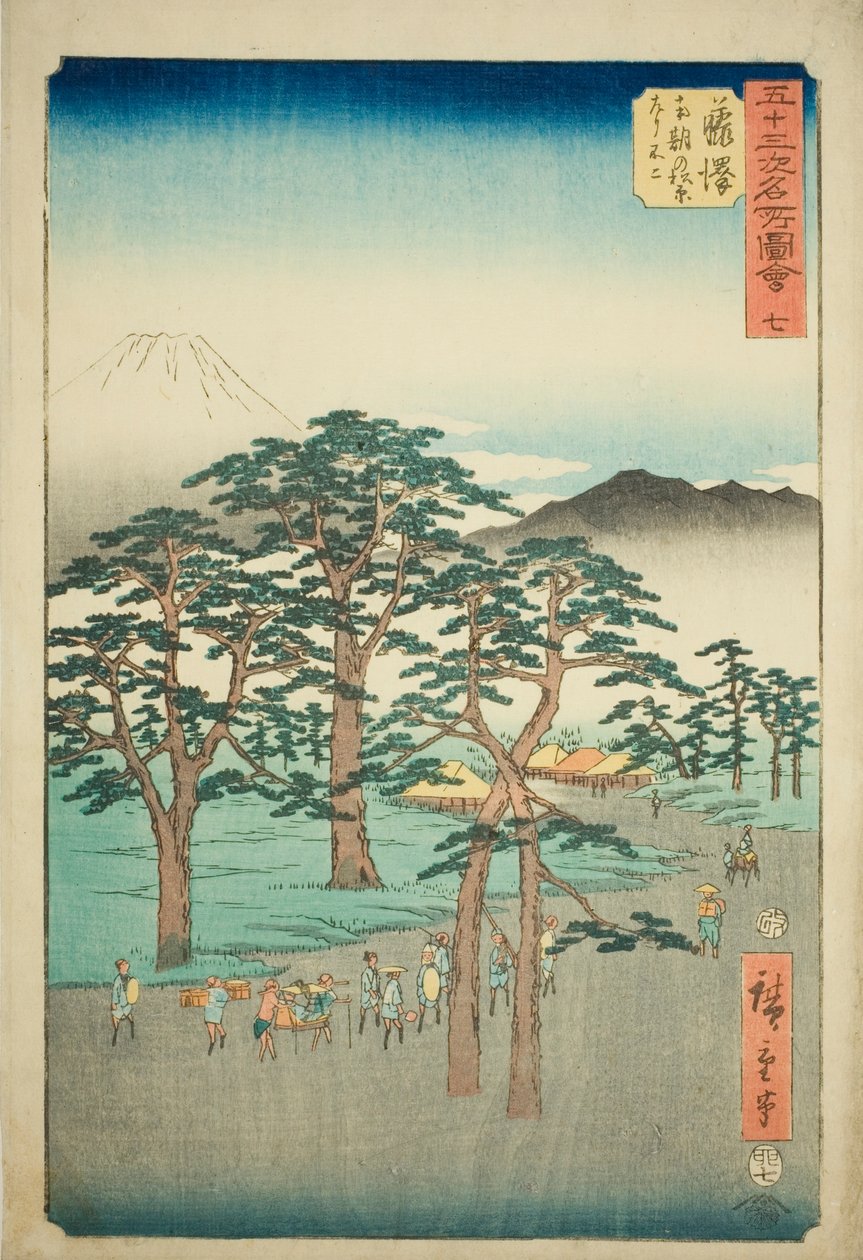 Fujisawa: Fudzsi-hegy balra a Nanki fenyvestől (Fujisawa, Nanki no Matsubara hidari no Fuji), sz. 7 az "Ötvenhárom állomás híres látnivalói (Gojusan tsugi meisho zue)" sorozatból, amely Függőleges Tokaido néven is ismert alkotó: Utagawa Hiroshige