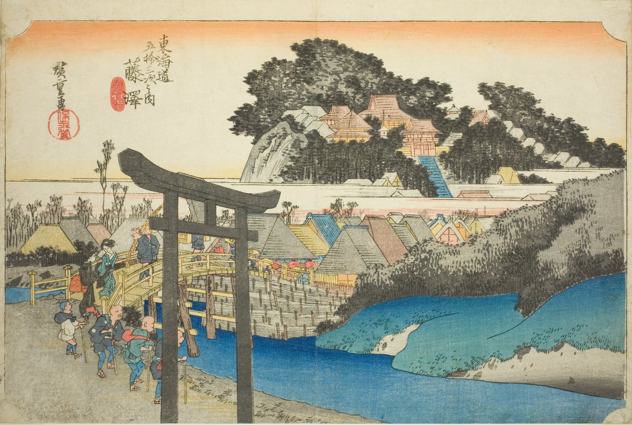 Fujisawa: Yugyo Temple (Fujisawa, Yugyoji), a "Tokaido út ötvenhárom állomása (Tokaido gojusan tsugi no uchi)" sorozatból, más néven Hoeido Tokaido alkotó: Utagawa Hiroshige