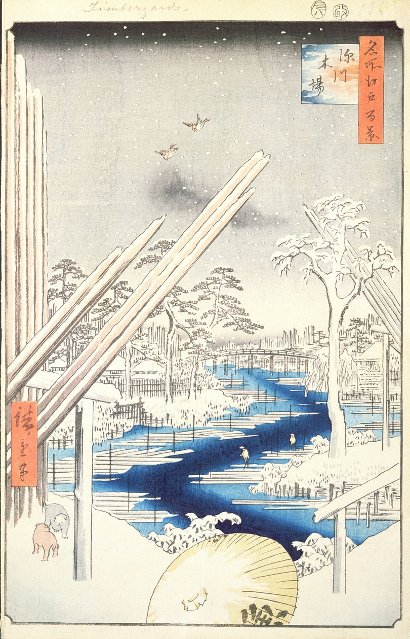 Fukagawa Lumberyards, 106. sz. Edo száz híres nézetéből, 1856 (fatömb színes nyomat) alkotó: Utagawa Hiroshige