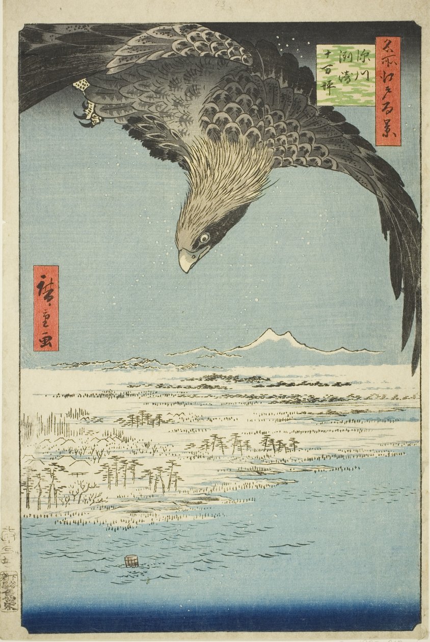 Fukagawa Suzaki plan d Jumantsubo (Fukagawa Suzaki Jumantsubo), a „Ridge dre d Fa net s View of Edo (Edo száz híres képe)” sorozatból. alkotó: Utagawa Hiroshige