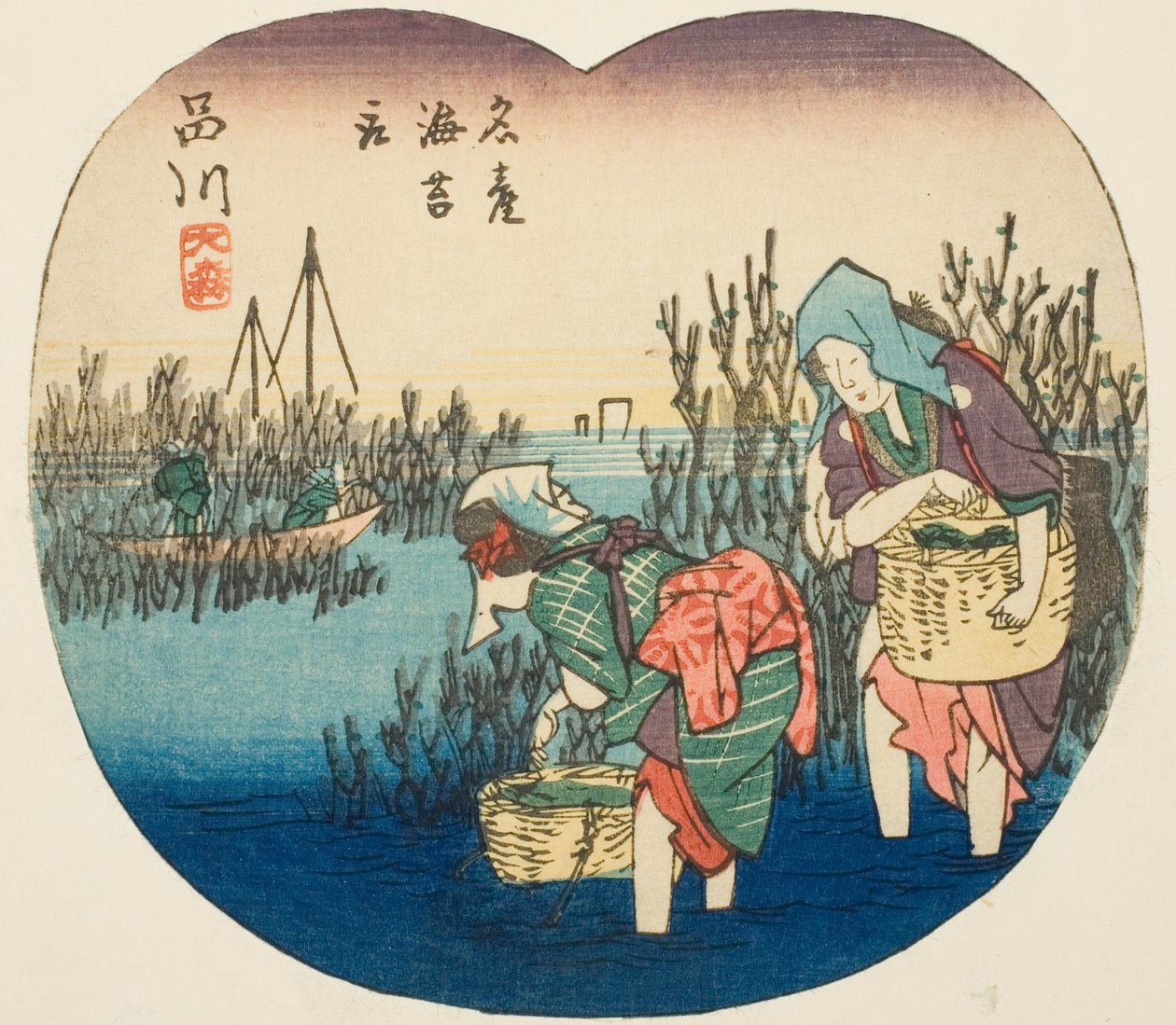 Hínárgyűjtés Omoriban Shinagawában (Shinagawa, Omori, meisan nori tori), a "Kivágott képek a Tokaido útról (Tokaido harimaze zue)" sorozat 1. számú lapjának szakasza. alkotó: Utagawa Hiroshige