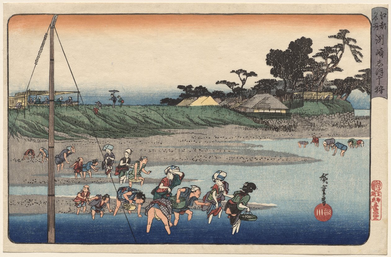 Kagylók gyűjtése apálykor Susakiban, a Híres helyek Edóban című sorozatból alkotó: Utagawa Hiroshige