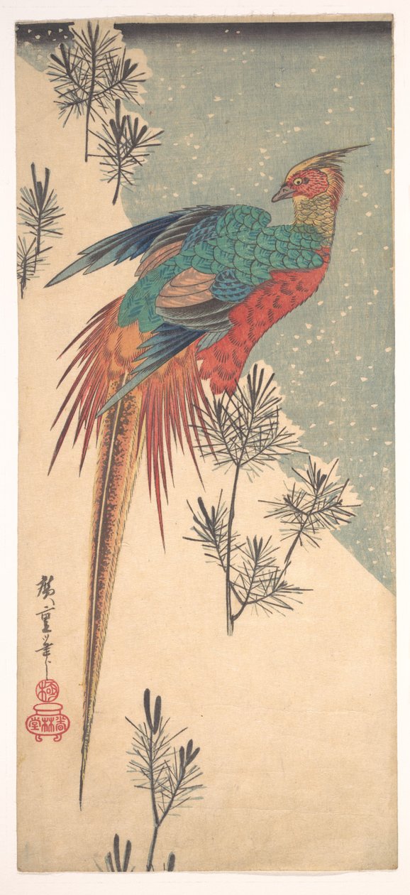 Aranyfácán és fenyőhajtások a hóban alkotó: Utagawa Hiroshige