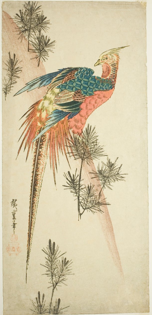 Arany fácán és fenyő hajtások hóban alkotó: Utagawa Hiroshige