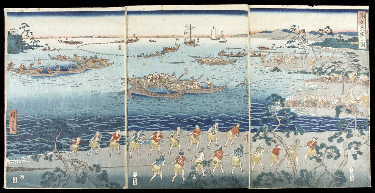 Csodálatos halászjelenet az öbölben alkotó: Utagawa Hiroshige