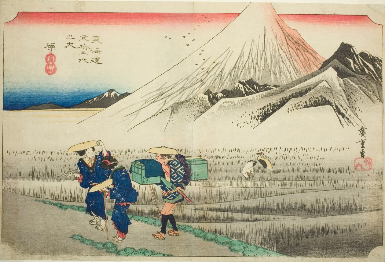 Hara: Fuji hegy reggel (Hara, asa no Fuji), a "Tokaido út ötvenhárom állomása (Tokaido gojusan tsugi no uchi)" sorozatból, más néven Hoeido Tokaido alkotó: Utagawa Hiroshige