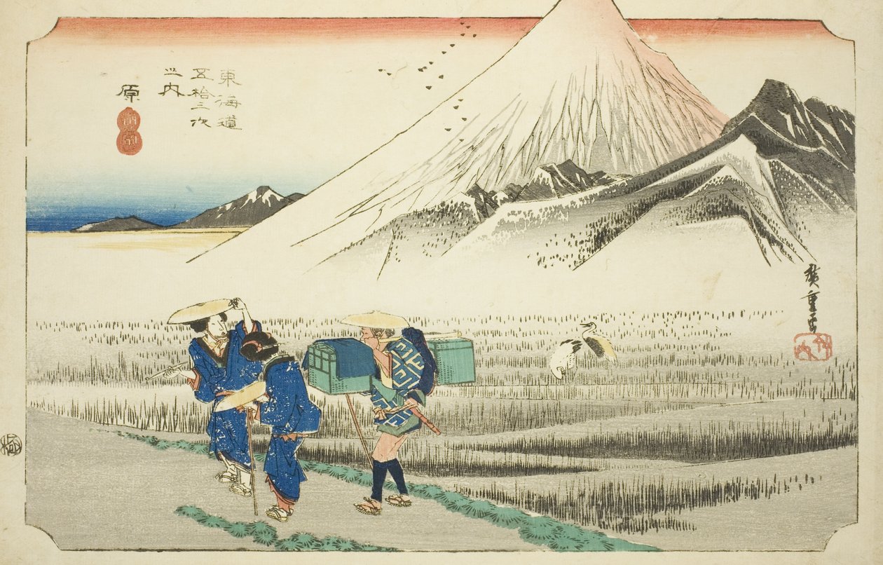 Hara: Fuji hegy reggel (Hara, asa no Fuji), a "Tokaido út ötvenhárom állomása (Tokaido gojusan tsugi no uchi)" sorozatból, más néven Hoeido Tokaido alkotó: Utagawa Hiroshige