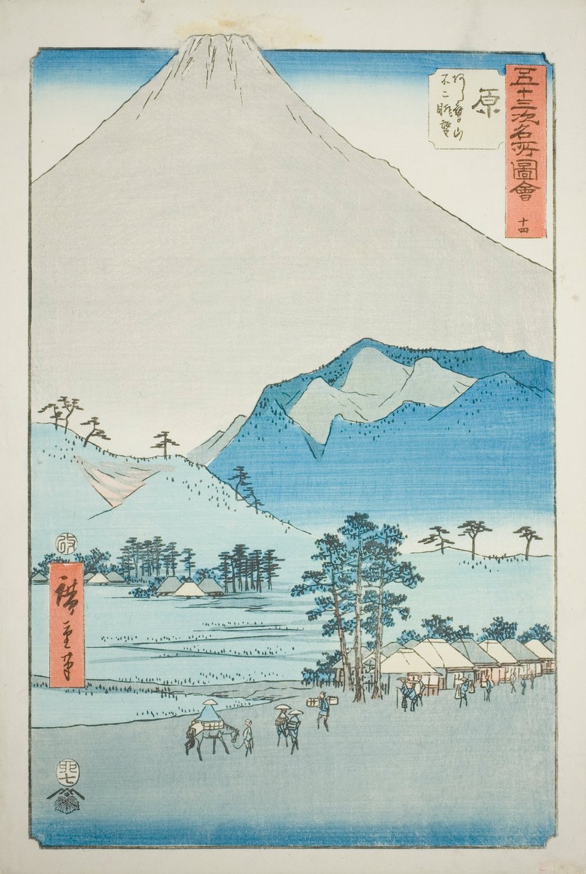 Hara: Kilátás az Ashitaka-hegységre és a Fuji-hegyre (Hara, Ashitakayama Fuji chobo), sz. 14 az "Ötvenhárom állomás híres látnivalói (Gojusan tsugi meisho zue)" sorozatból, amely Függőleges Tokaido néven is ismert alkotó: Utagawa Hiroshige