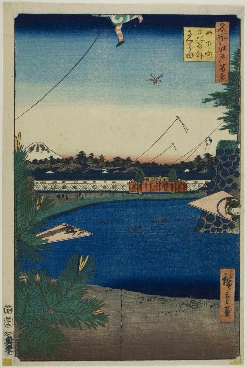 Hibiya és Soto-Sakurada a Yamashita-cso-ból (Yamashita-cho Hibiya Soto-Sakurada), az "Edo száz híres látképe (Meisho Edo hyakkei)" sorozatból. alkotó: Utagawa Hiroshige