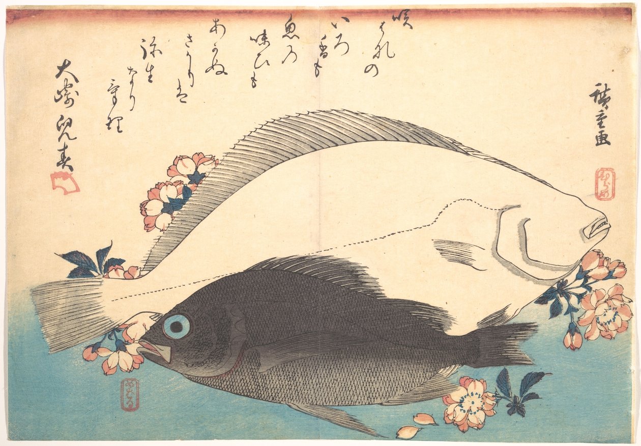 Hirame- és mebaruhalak cseresznyevirágokkal, az Uozukushi - Mindenféle hal sorozatból alkotó: Utagawa Hiroshige