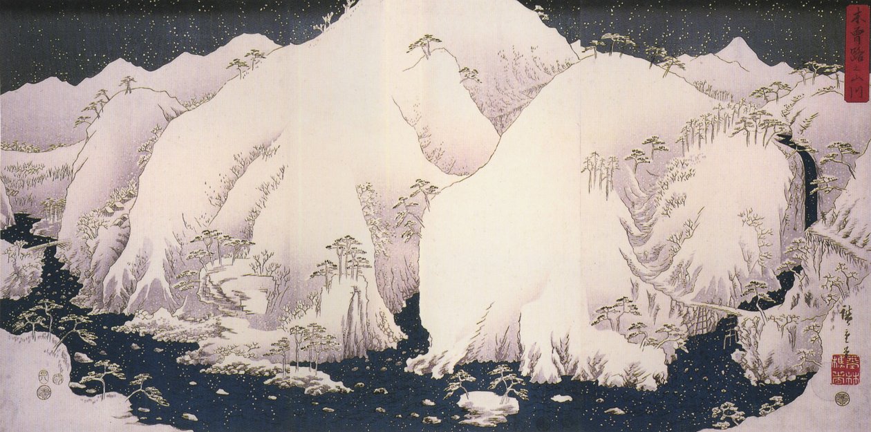 Hiroshige, Egy folyó havas hegyek között alkotó: Utagawa Hiroshige
