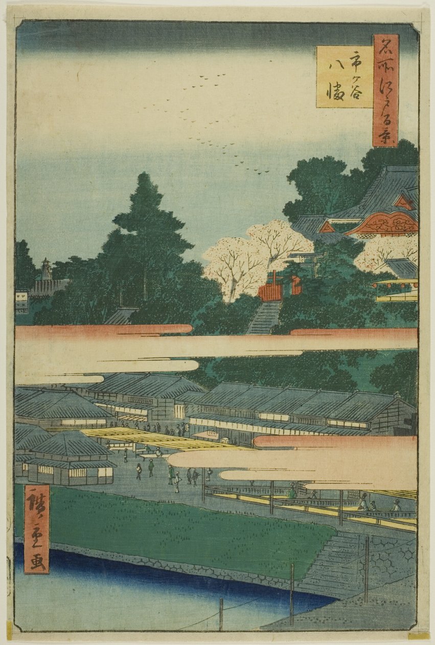 Ichigaya Hachiman szentély (Ichigaya Hachiman), az "Edo száz híres látképe (Meisho Edo hyakkei)" sorozatból. alkotó: Utagawa Hiroshige