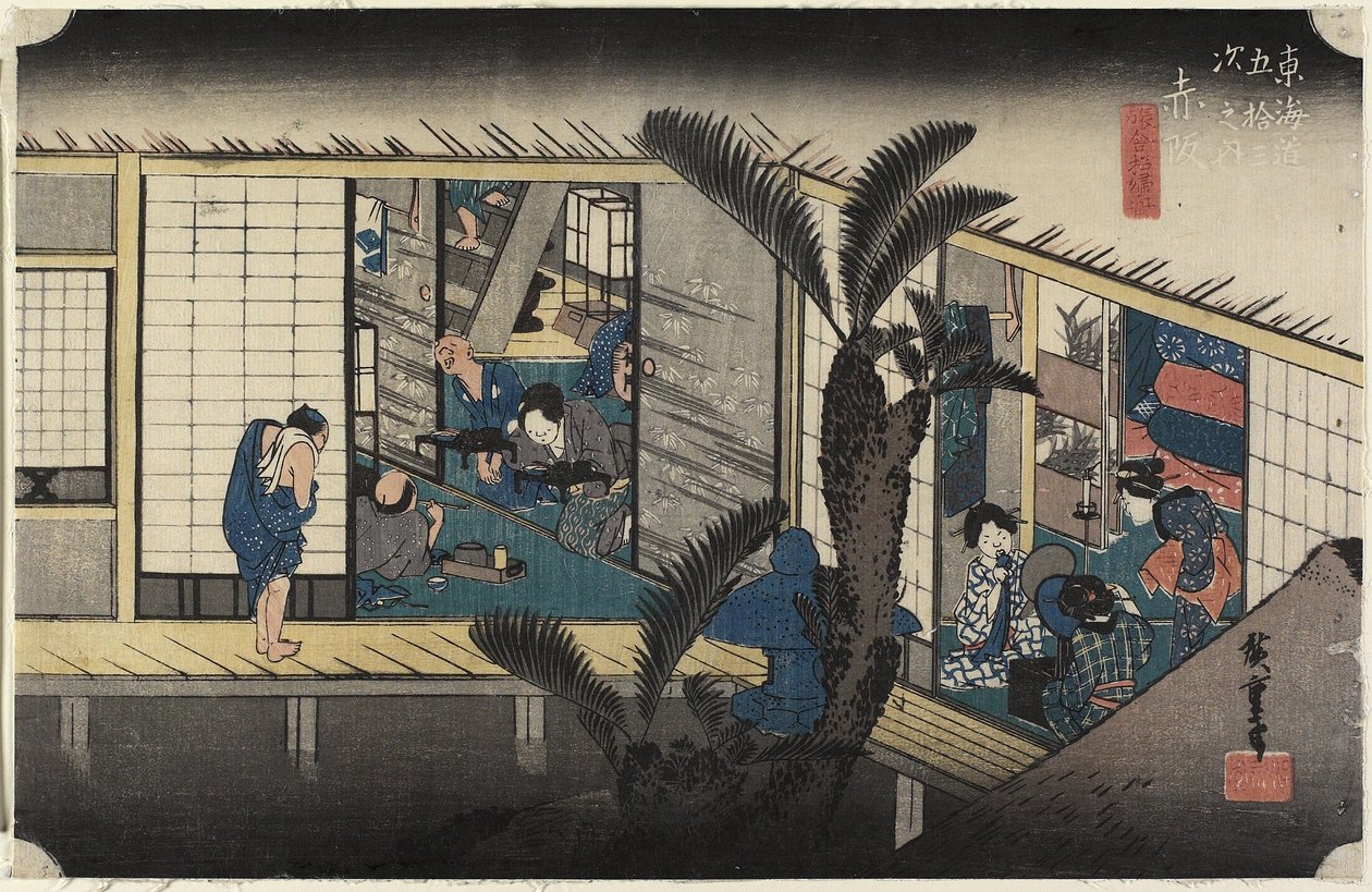 Fogadó szolgálólányokkal, Akasaka, c. 1833 alkotó: Utagawa Hiroshige