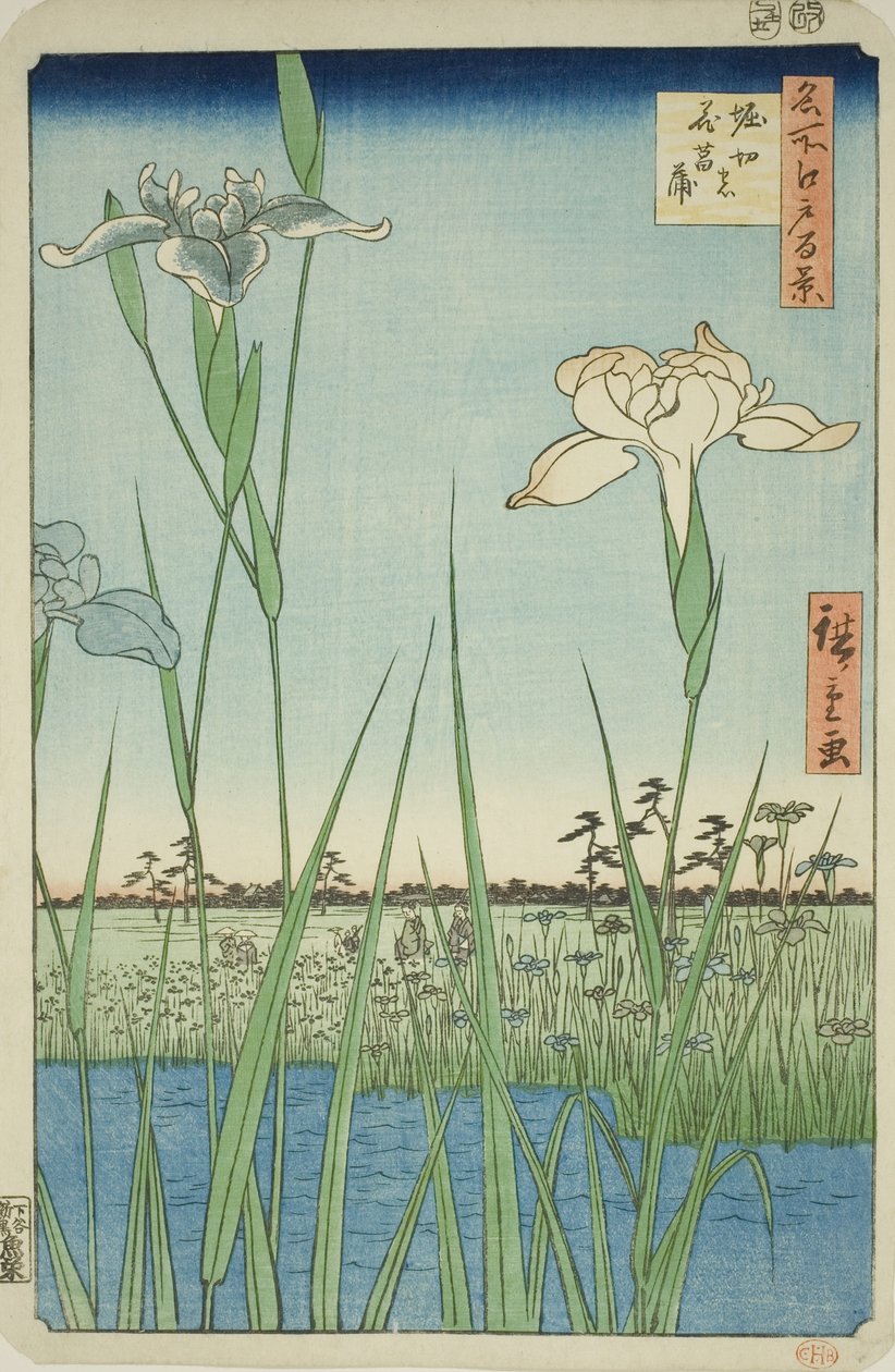 Irase s at Horikiri (Horikiri no Hanadokorobe), a ``Ridge d re d f s Views of Edo (Edo száz híres nézete) című sorozatból. alkotó: Utagawa Hiroshige