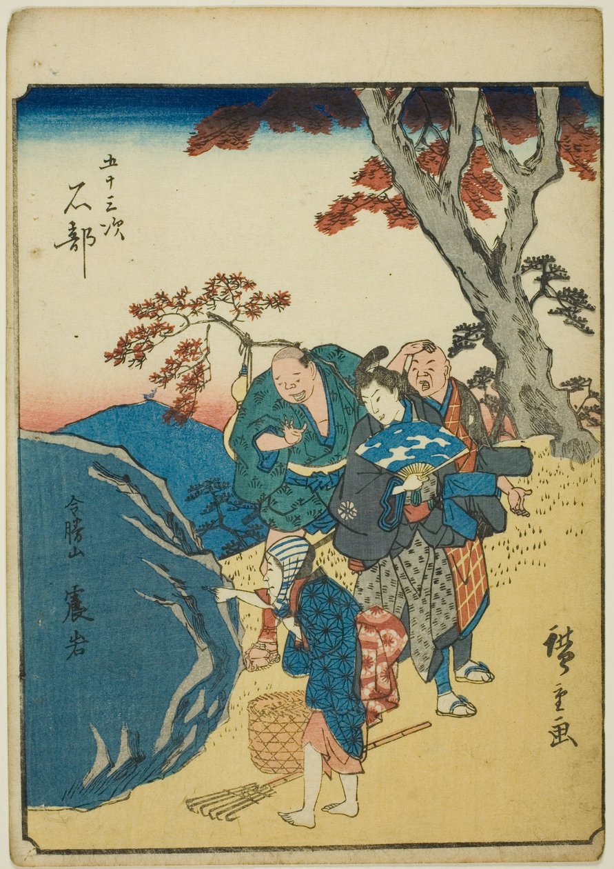 Ishibe, a te sorozatból: „Ötvenhárom S tachi hangzás a városiasságból” (Goshuyama a következő) alkotó: Utagawa Hiroshige