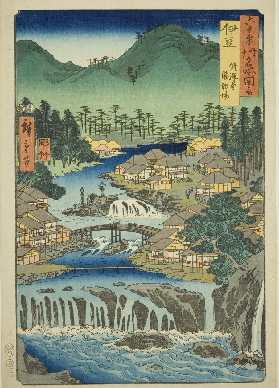 Izu tartomány: A Shuzen-templom meleg forrásai (Izu, Shuzenji tojiba), a "Híres helyek a hatvanpár tartományban (Rokujuyoshu meisho zue)" sorozatból alkotó: Utagawa Hiroshige