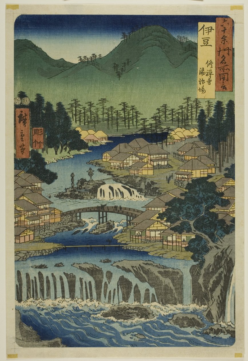 Izu tartomány: A Shuzen templom forró forrásai (Izu, Shuzenji tojiba), a "Hatvan-egynéhány tartomány híres helyei (Rokujuyoshu meisho zue)" sorozatból. alkotó: Utagawa Hiroshige