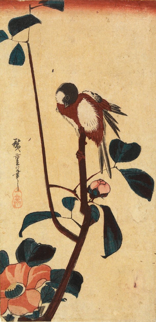 Japán széncinege kaméliaágon alkotó: Utagawa Hiroshige