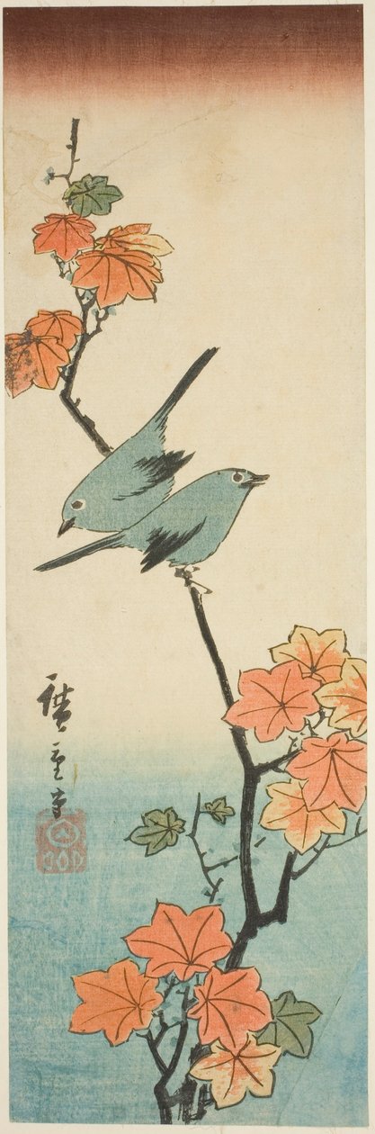 Japán fehér szemek egy juharágon alkotó: Utagawa Hiroshige