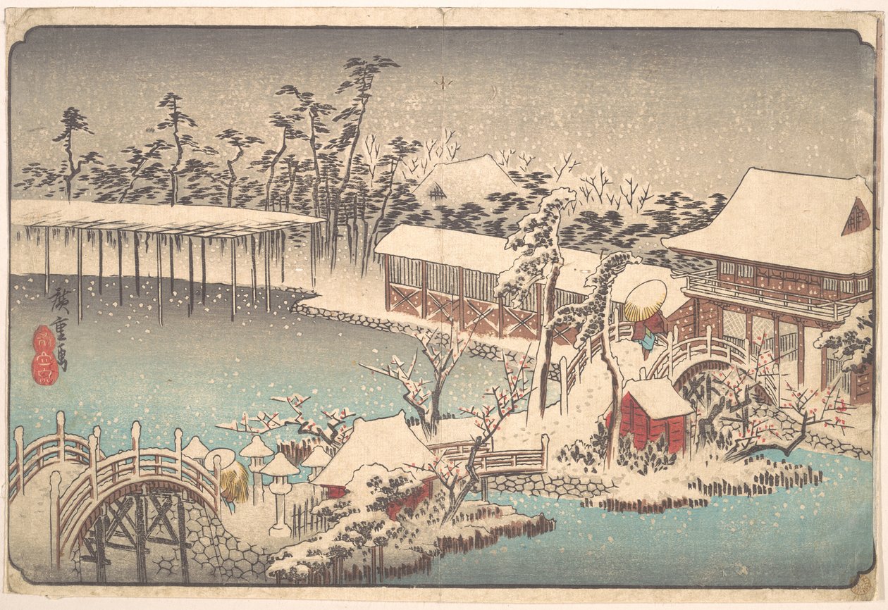 Hó a Kameido Tenmangū szentély területén alkotó: Utagawa Hiroshige