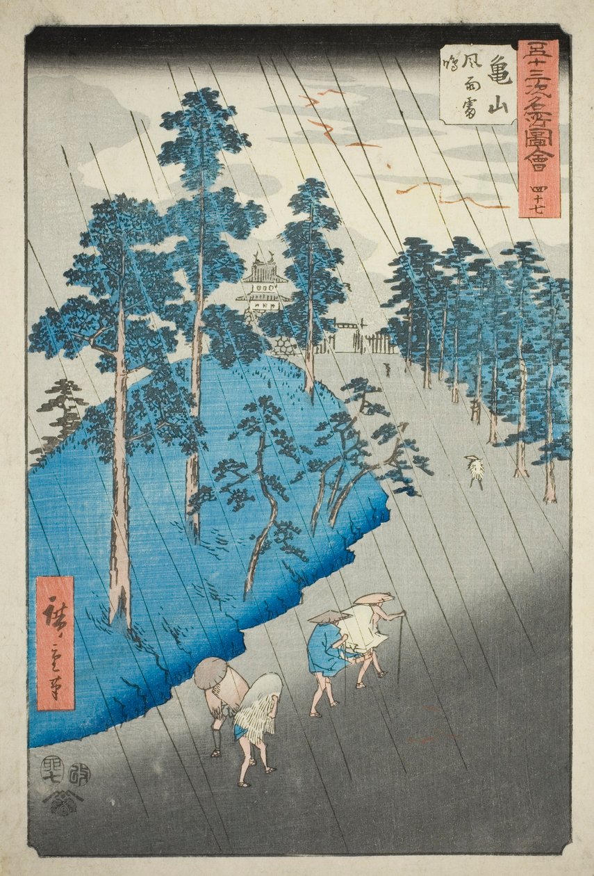 Kameyama: Szél, eső és mennydörgés (Kameyama, fuu raimei), sz. 47 az "Ötvenhárom állomás híres látnivalói (Gojusan tsugi meisho zue)" sorozatból, más néven Függőleges Tokaido alkotó: Utagawa Hiroshige